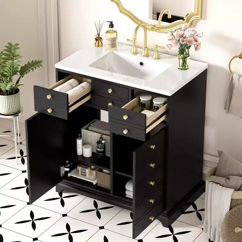 36 Farmhouse Bathroom Vanity with Sink, Single Sink Freestanding Modern Bathroom Vanity Storage Cabinet with 2 Drawers and 2 Cabinets