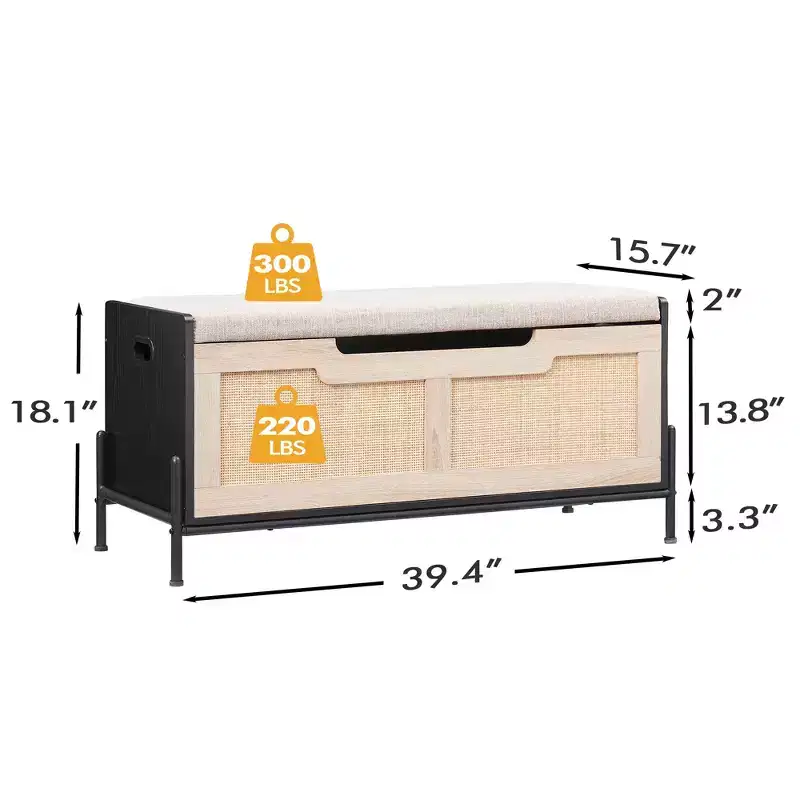 Rattan Storage Bench with Safety Hinge, Entryway Bench with Storage for Bedroom, Shoe Storage Bench Chest, End of Bed Bench with Side Handles