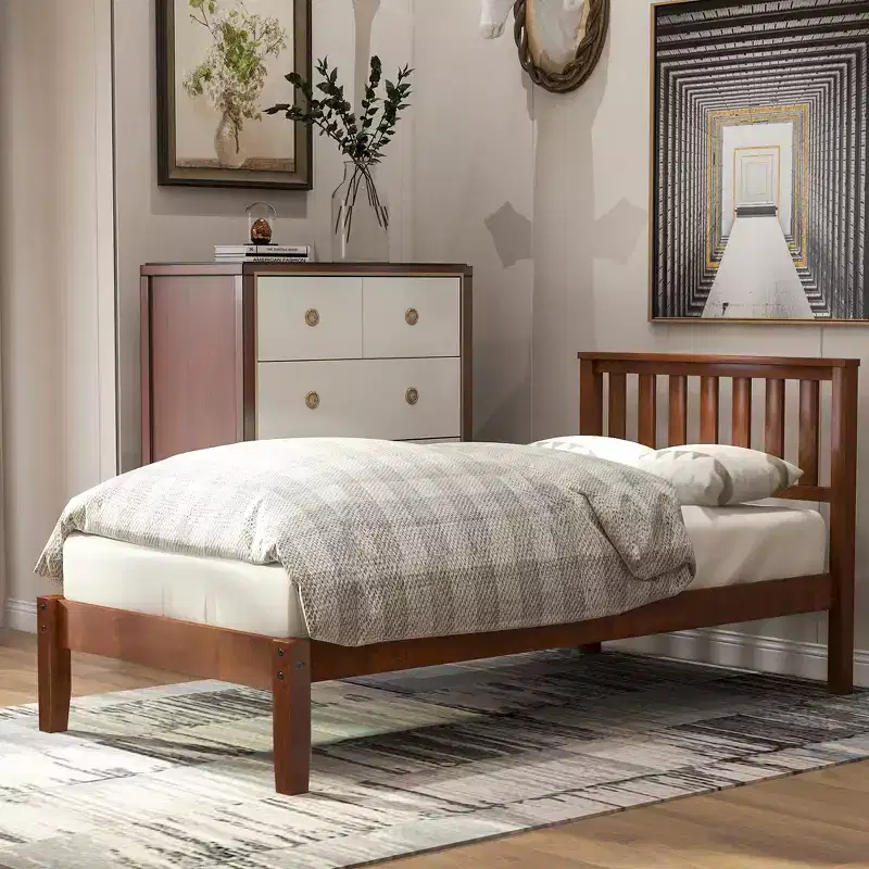 Wood Twin Size Platform Bed Frame with Headboard and Footboard for Kids Boys Girls Teens Adults, Walnut