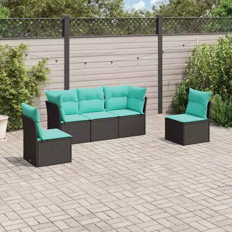 vidaXL 5 Piece Patio Sofa Set with Cushions Black Poly Rattan