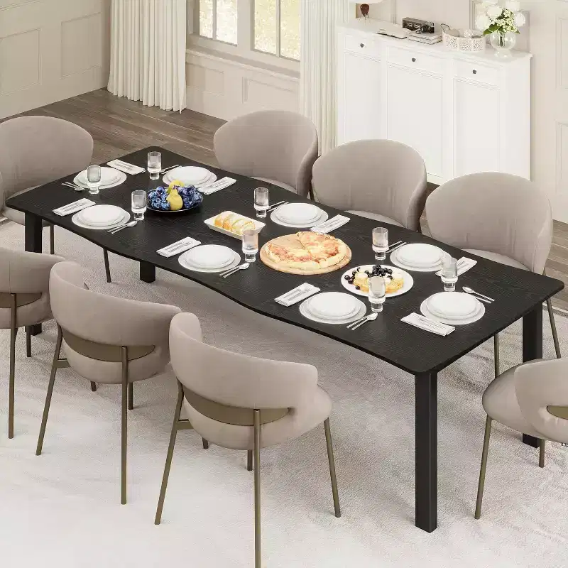 Modern Rustic Dining Table C 79 Wave-Edge Thick MDF Top & Metal Frame, Waterproof Scratch-Resistant, Seats 6-8, Simple Assembly