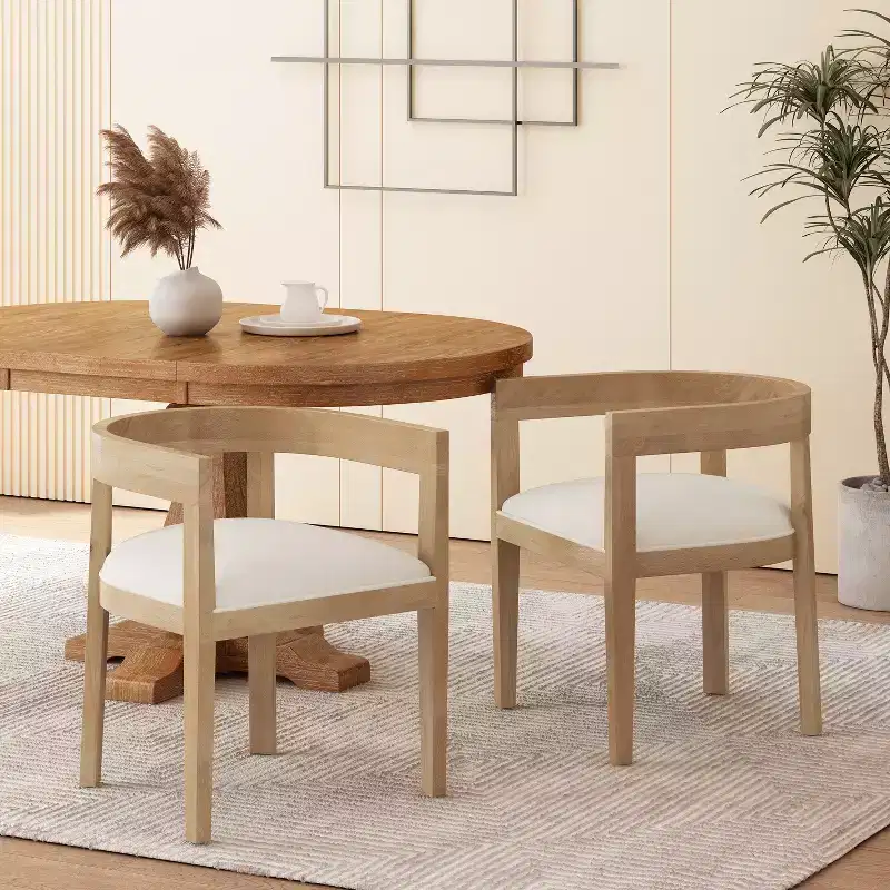 Set of 2 Retro Dining Chairs Arm Chairs with Rubber Wood Legs, Natural+Beige 4S - HABITRIO