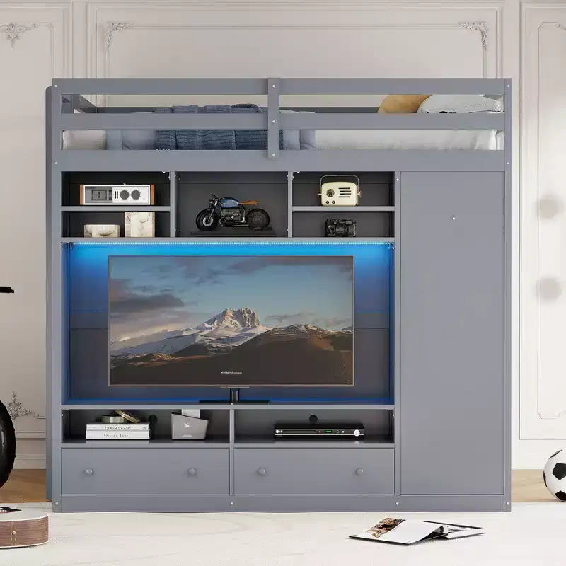 Merax Full Size Loft Bed with Built-in Storage Space Wardrobe and LED Lighting