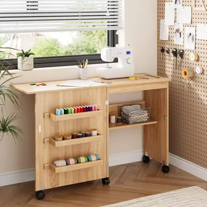 Folding Sewing Table, Multipurpose Craft Station & Side Desk with Compact Design, Wooden Rolling Craft Table with Lockable Wheels & Storage Trays