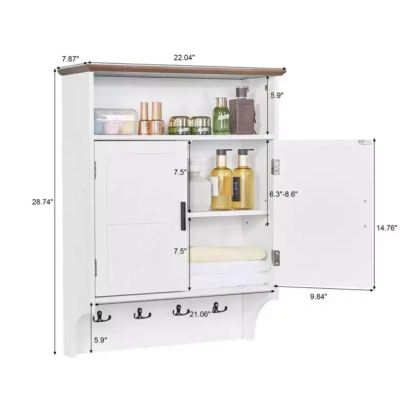 VECELO Wall-Mounted Bathroom Cabinet, Space-Saving Bathroom Storage Cabinet with Adjustable Shelves & Hooks for Bathroom or Entryway, White