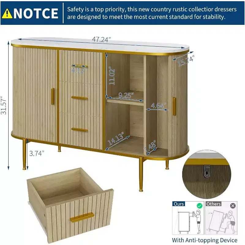 47 Sideboard Buffet Cabinet with Storage, Fluted Console Cabinet with Metal Legs & 3 Drawers, Faux Marble Top for Dining Room, Living Room, Entryway