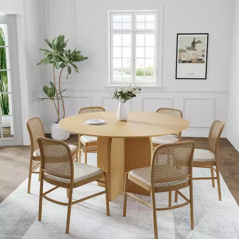 PexFix 52 x 52 Solid Wood Round Dining Table with Natural Finish and Elegant Arched Legs for Modern Dining Rooms & Kitchens