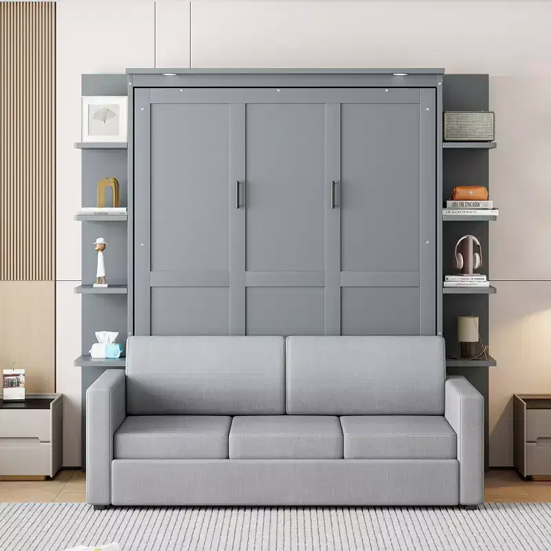 Modern Design Wood Frame Queen Size Murphy Bed Wall Bed with Sofa and Shelves