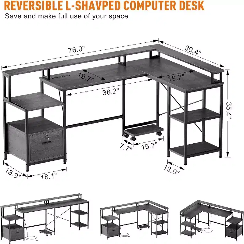 76 Grey L-Shaped Desk with Power Outlet, USB & Type-C Ports, Drawer, Monitor Shelf, Computer Desk for Home Office