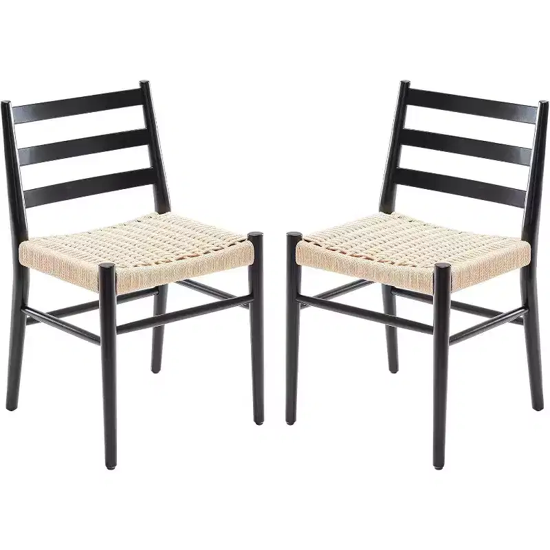 TUYOHW 2 PCS Dining Chairs with Woven Rope Seat,Metal Frame Kitchen Chairs with Open Backrest,Breathable Dining Room Chairs for Living Room
