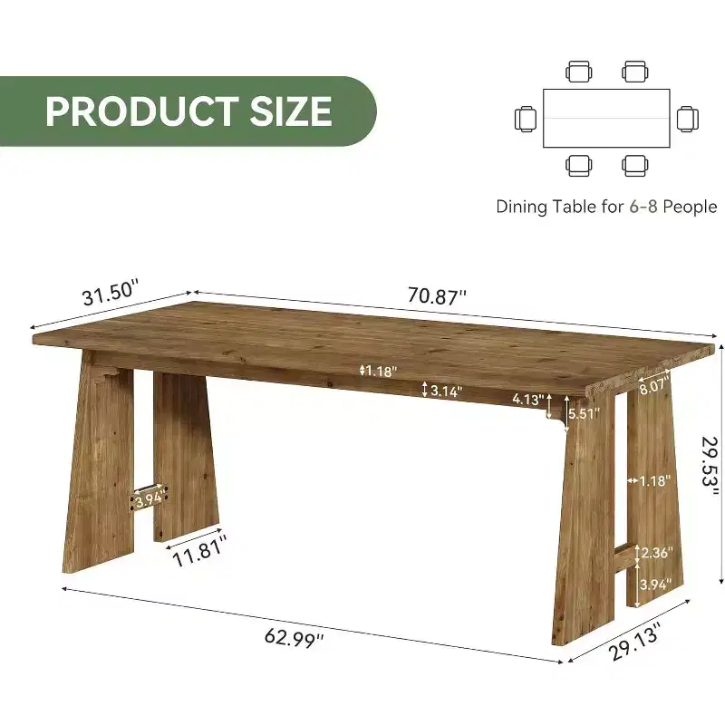 Lantine 70.87 Dining Table, Solid Wood Kitchen Table for 6-8, Modern Rectangle Kitchen and Dining Room Furniture with Heavy Duty Legs, Wood Brown