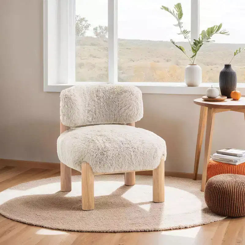 TUYOHW Modern Accent Chair,Armless Chairs with Curved Backrest,Wooden Legs,Fur Fabric Upholstered Lounge Chair for Living Room,Bedroom,Balcony
