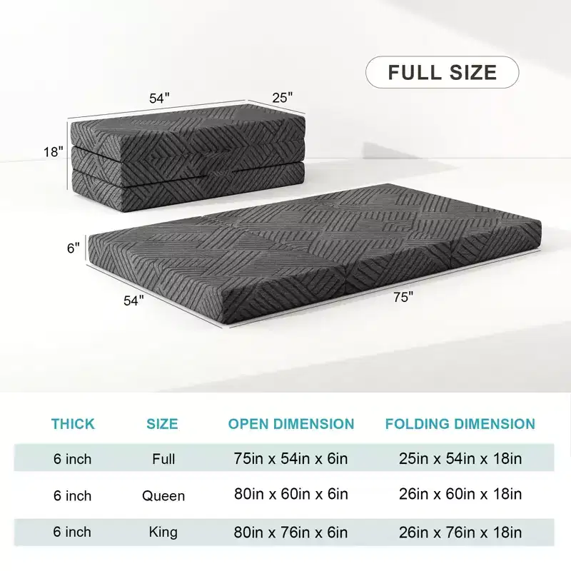 Materasso Pieghevole a Tre Ante in Memory Foam Grafite, Materasso Trifold Portatile Pieghevole, Divano Letto da Terra con Fodera Lavabile e Borsa per il Trasporto