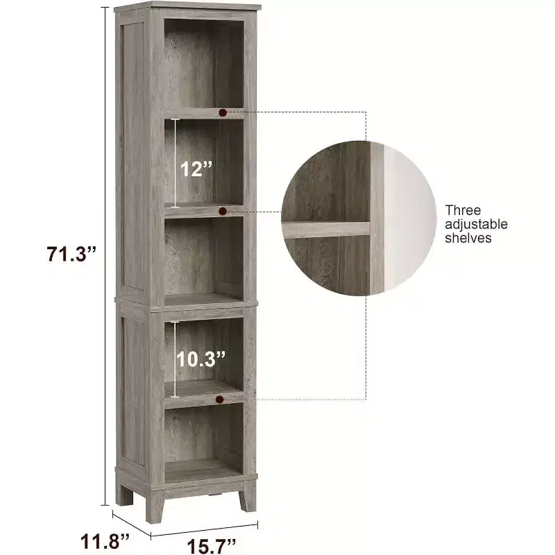 Acekool Narrow 5 Tier Bookcase, Rustic Farmhouse Storage Cabinet with Adjustable Shelves, Vintage Bookshelf for Living Room, Bedroom, Office