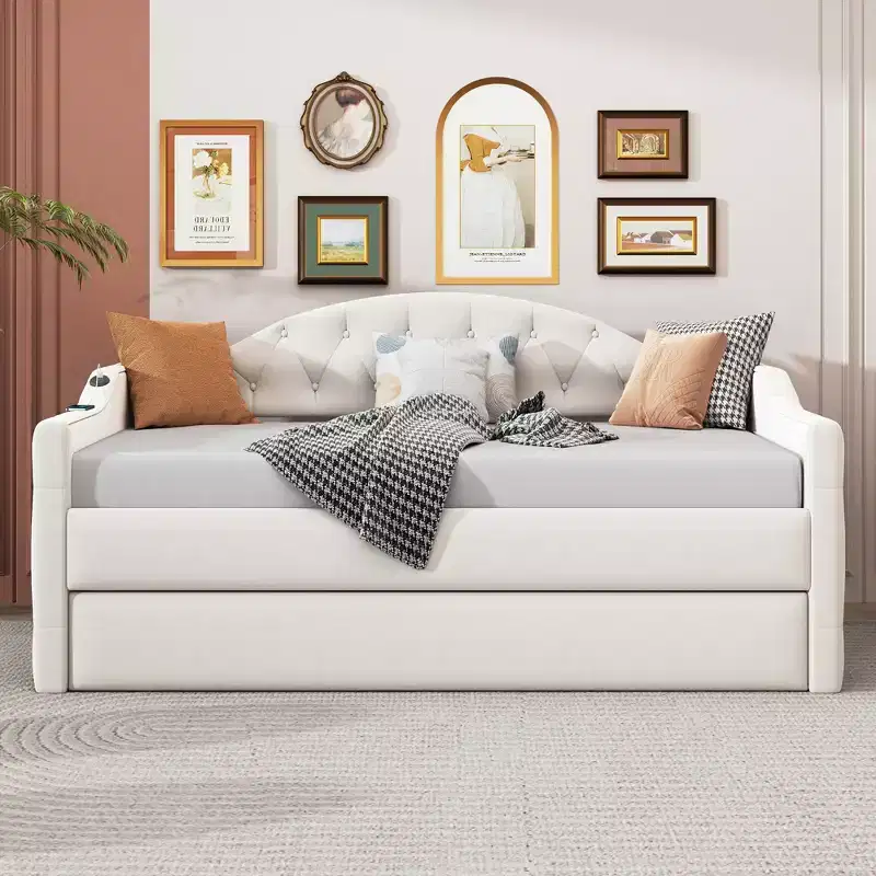 Twin Size Tufted Upholstered Daybed with Trundle, Twin Velvet Sofabed for Bedroom