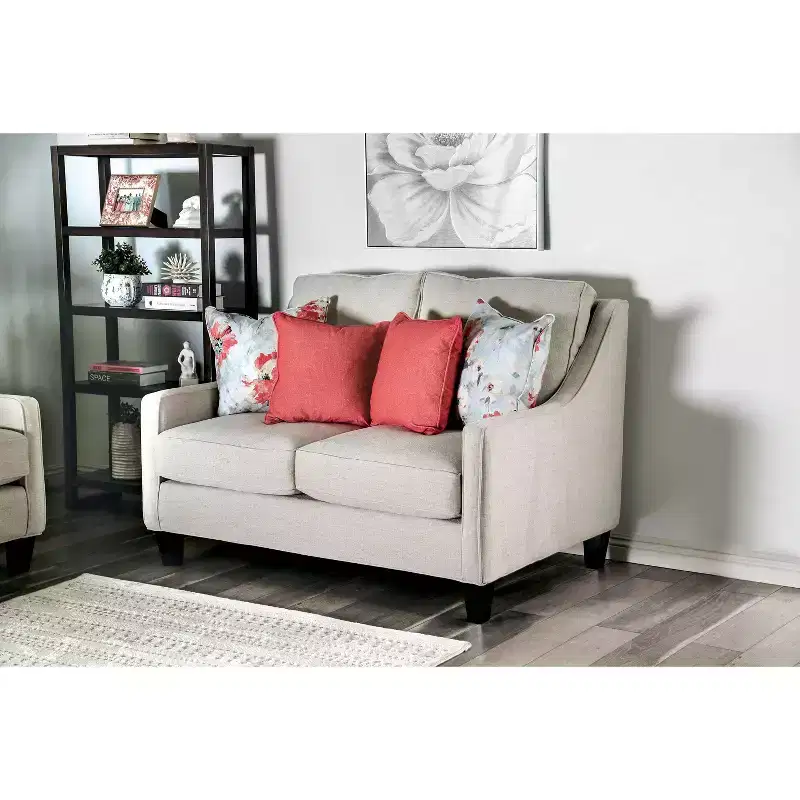 Upholstered Loveseat, Ivory Linen with Removable Cushions and Accent Pillows