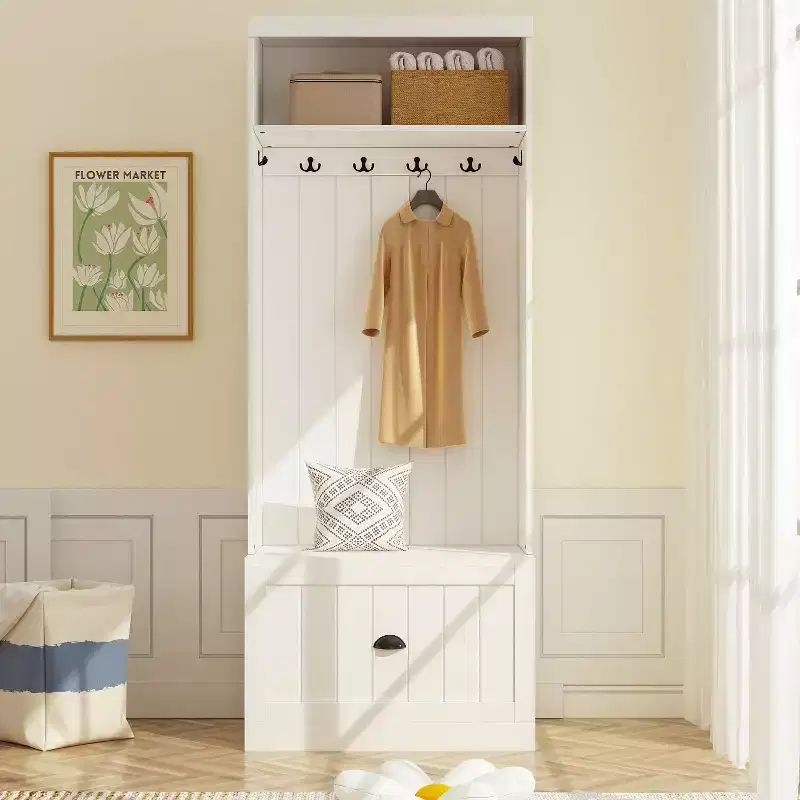 Famapy White Hall Tree Shelf Rack Shoe Storage Coat Organizer Cabinet