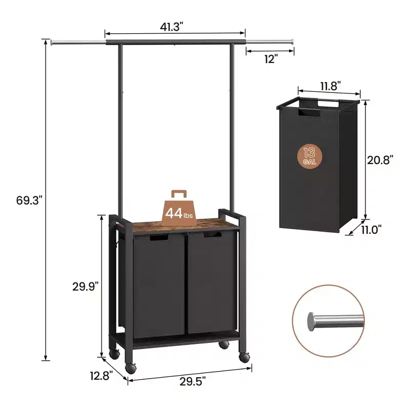 Laundry Sorter, Rolling Laundry Hamper 2/3-Section with Wheels & Hanging Rack - 39 Gallon Oxford Cloth Bags, Open Shelf for Laundry Room
