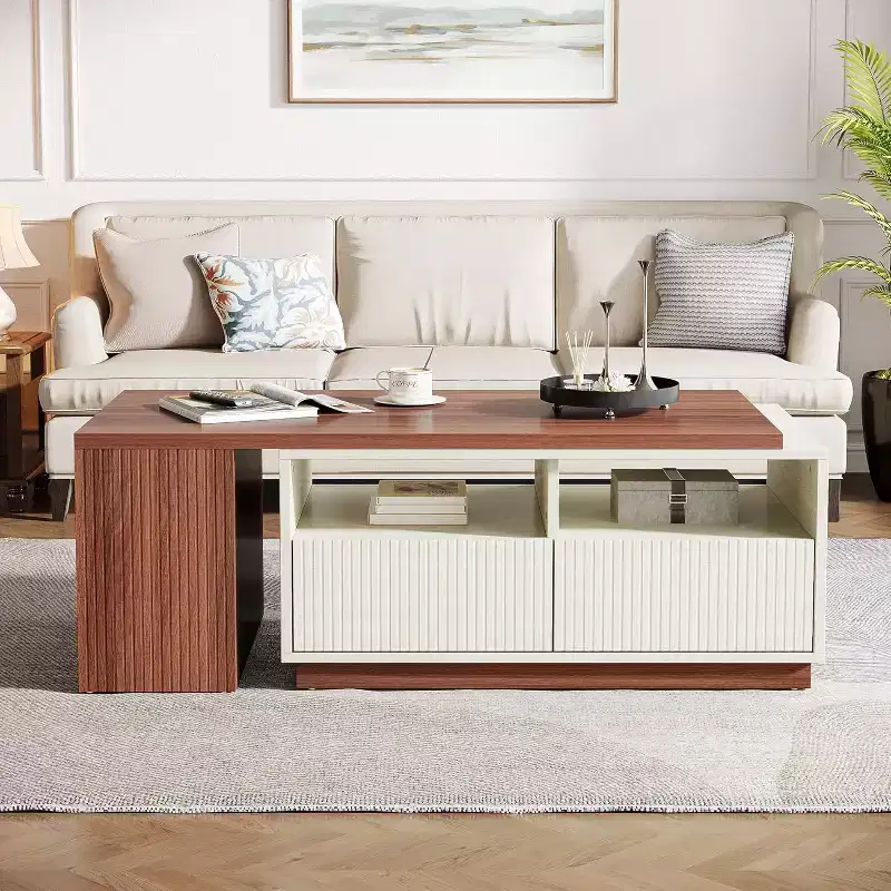Lantine Extendable Coffee Table with 2 Storage Drawers, Reversible Living Room Table with Shelves and Adjustable Top (43 to 75 Adjustable Length)