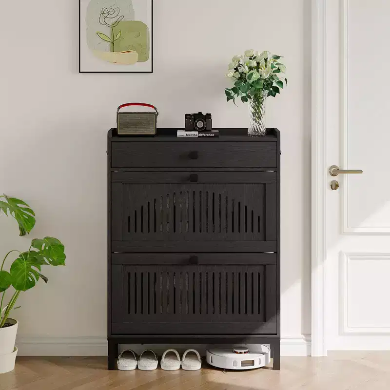 Shoe Storage Cabinet with 2 Flip Drawer, Shoes Organizer with with Top DrawerHollow Out Panel & Black Square Handles, Adjustable Shoe Rack