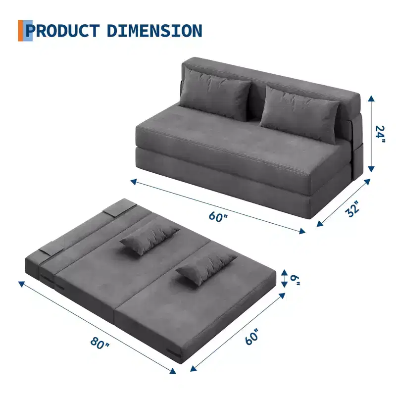 80 Convertible Folding Sofa Bed, Portable Lazy Floor Sofa Lounger, Convertible Futon Couch with Pillow, Modern Linen Fabric, for Living Room(Large)