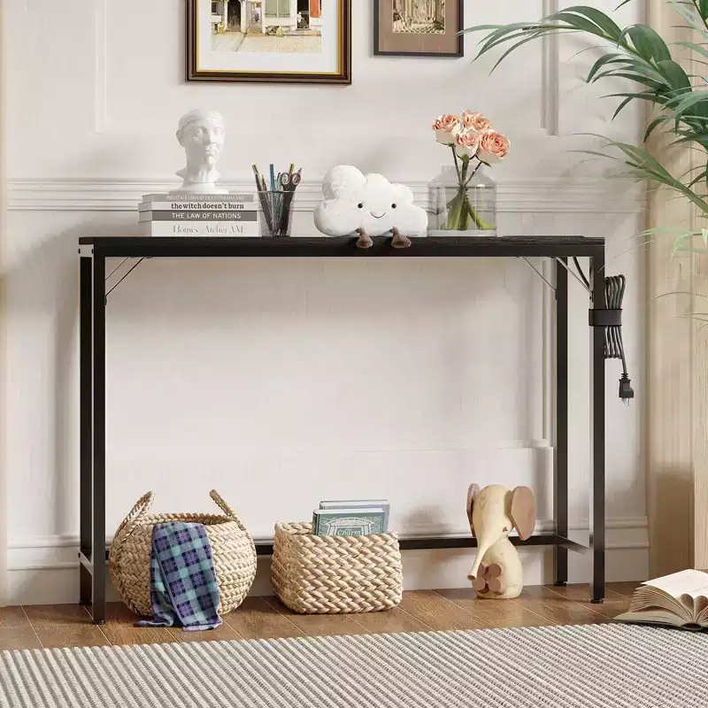 Narrow Black Console Table for Entryway or Sofa Back  Slim Metal and Wood Accent Table for Living Room, Bedroom