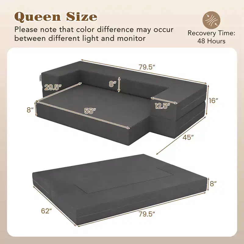 Costway 8-Inch Folding Sofa Bed with High-density Foam & Washable Cover Twin/Queen Size