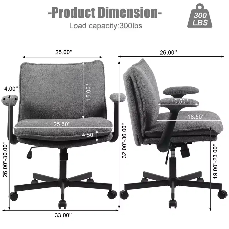 Criss-Cross Chair w/ Flip Arms & Wheels C Wide Upholstered Seat, Swivel Desk for Home Office/Vanity