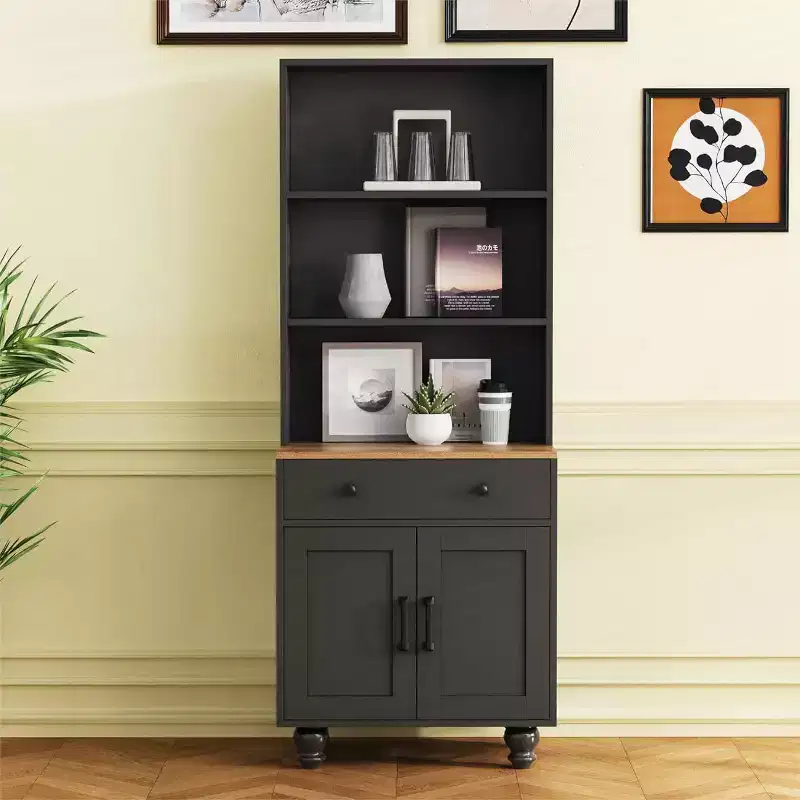 Tall Kitchen Storage Cabinet with Countertop and Drawers, 5-Tier Bookshelf with Adjustable Shelves and Gourd-Shaped Legs for Home Office