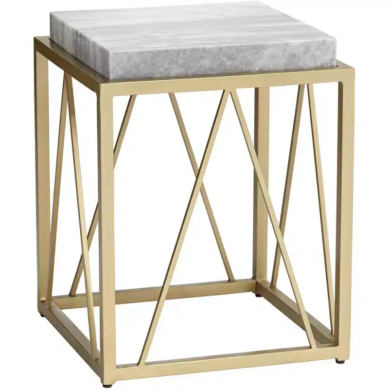 Coast to Coast Accents Modern Gold Powder-Coated Square Accent Table 15 1/2 White Gray Marble Tabletop Open Cage for Living Room