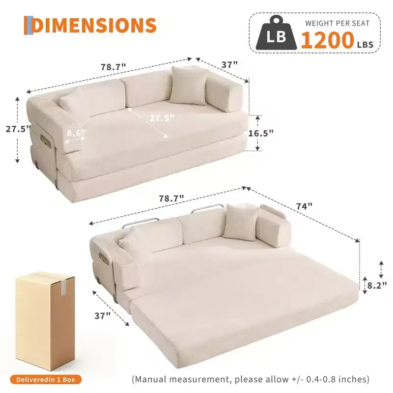 78.7 Oversized Chaise Lounge Chair Indoor, Oversized Corduroy Upholstered Boneless Sofa Bed w/2 Pillows, for Living Room, Bedroom