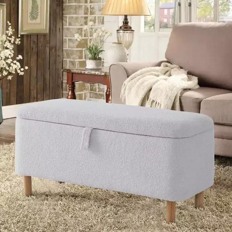 Pull-Open Top Boucle Ottoman Bench with Storage, Upholstered Storage Ottoman for Bedroom and Entrance