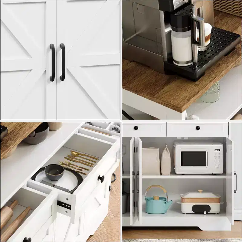 51 Farmhouse Buffet Sideboard Cabinet, Kitchen Hutch Pantry Coffee Bar with Storage, Open Shelf, Charging Station, 4 Barn Doors & 3 Drawers