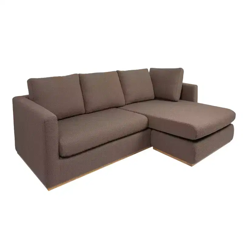 Sofa with Chaise Lounge Beige: Modern L-Shaped, Interchangeable, Wood Trim, Mushroom Brown