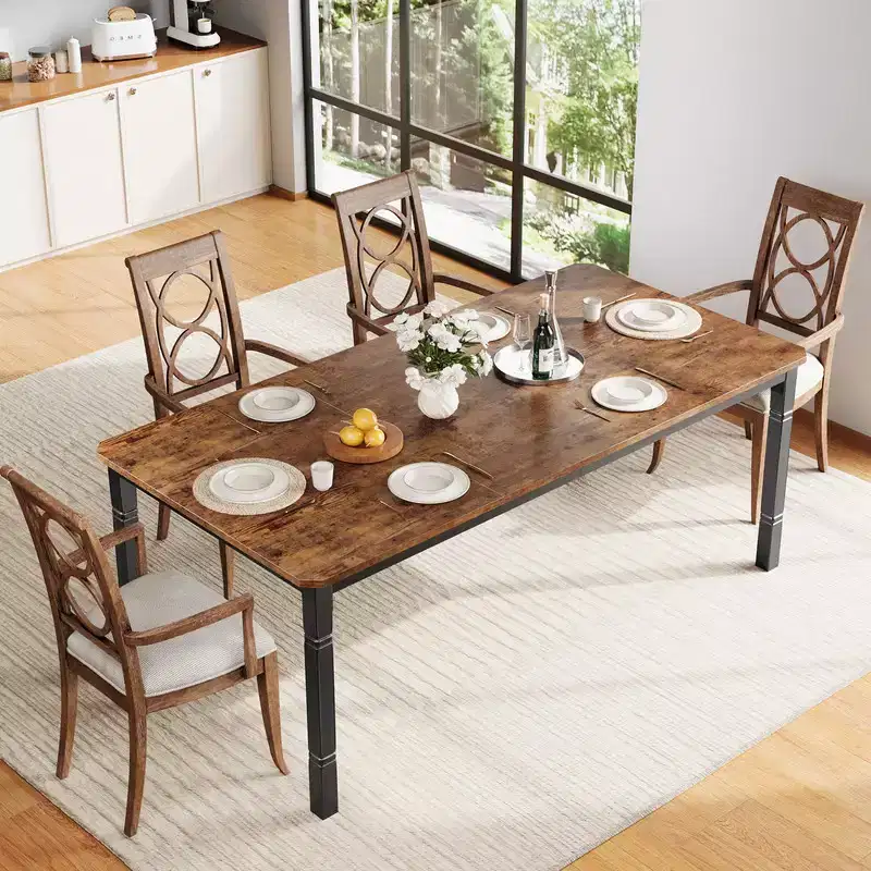 Coolmee Farmhouse Dining Table for 6-8 People, Rustic Industrial Kitchen Table with Sturdy Metal Frame & Chamfered Corners Dining Room Breakfast Nook