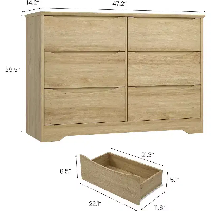 GustoWave Modern Closet, Wooden Storage Dresser with 6 Drawers for Bedroom, Living Room, Hallway, Natural