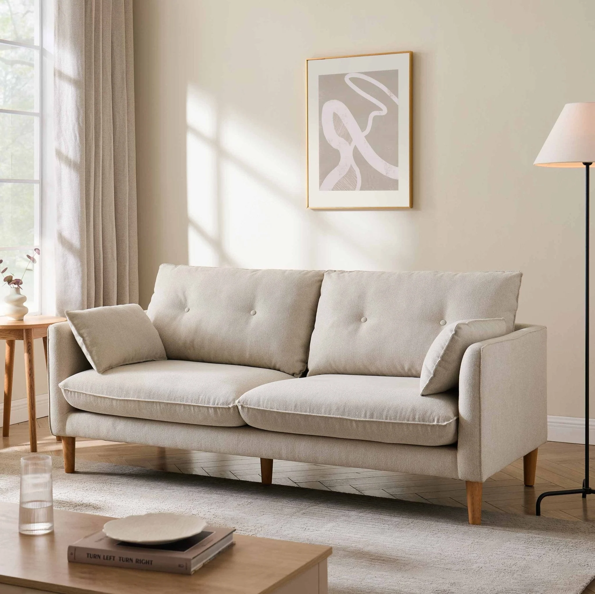 3 Seater Sofa - Natural - Relax and unwind on the velvet 3-seater sofa in natural - a stunning addition to your living space.??