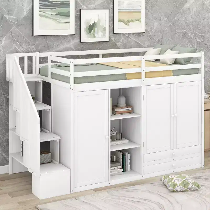 GDFStudio Duke Loft Bed with 3 Shelves, 2 Wardrobes and 2 Drawers, Ladder with Storage