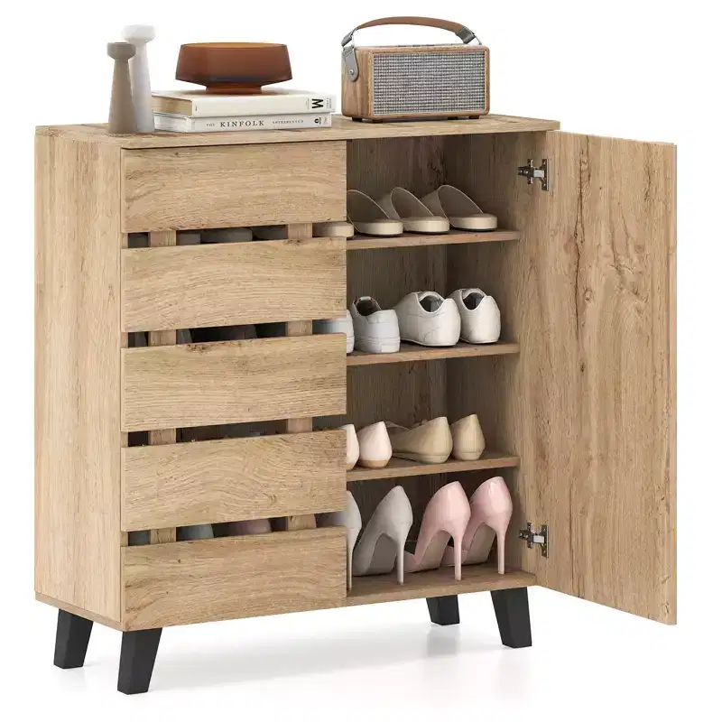 4-Tier Shoe Cabinet w/Louvered Door & Removable Shelves for Entryway Hallway