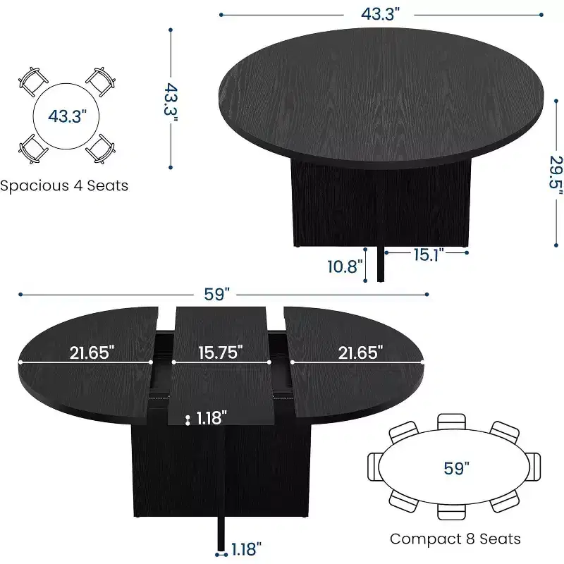 43.3-59 Inch Extendable Round to Oval Dining Table - Seats 4 to 8, Removable Leaves