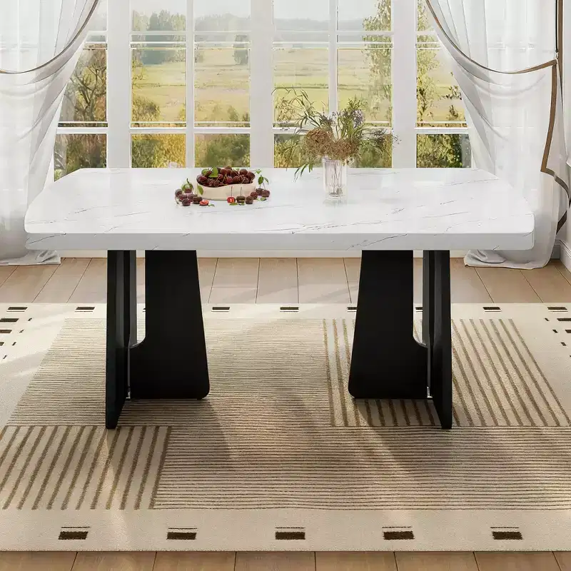 63 Modern Faux Marble Dining Table with Geometric Legs and Sturdy Construction