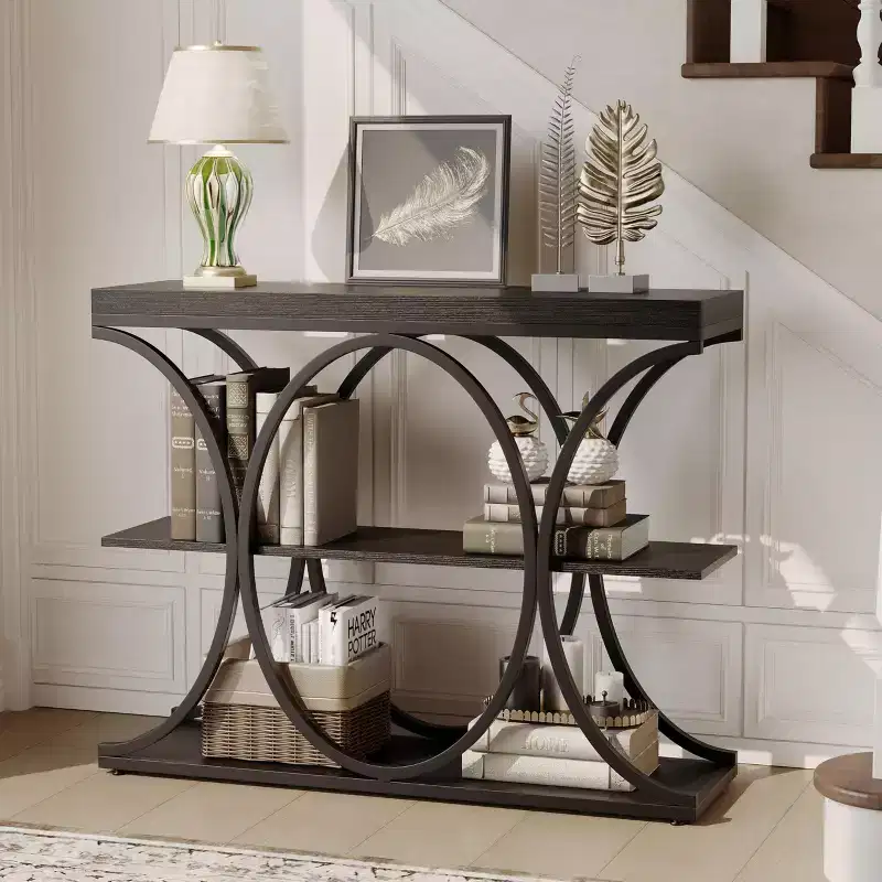COZONY 39 Narrow Console Table, Industrial 6-Tier Sofa Table with Round Metal Base & Storage Shelves, Entryway Table for Living Room, Hallway