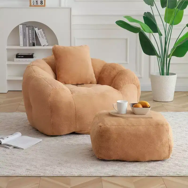 TUYOHW Shell Shaped Bean Bag Chair with Ottoman,Faux Fur Lounger & Footstool Set,Oversized Floor Sofa for Adults