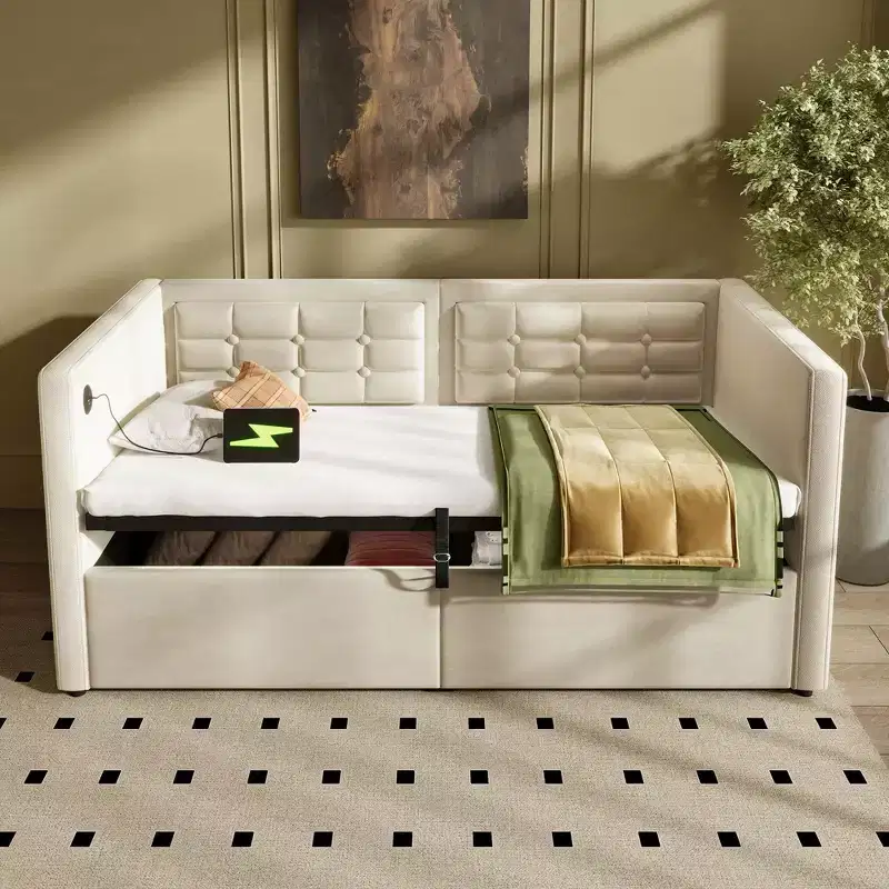 Okak Twin Size Modern Bed Frame Sofa Bed with USB & Hidden Storage,Upholstered Tufted Daybed for Bedroom,Kids Room,Study