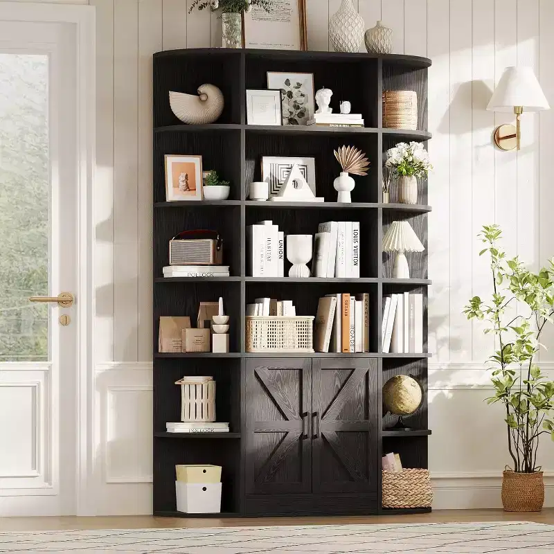 Modern 75 Tall 6-Tier Kids' Bookshelf with Cabinet & Doors - Wooden Storage Organizer & Display for Bedroom, Living Room & Home Office.