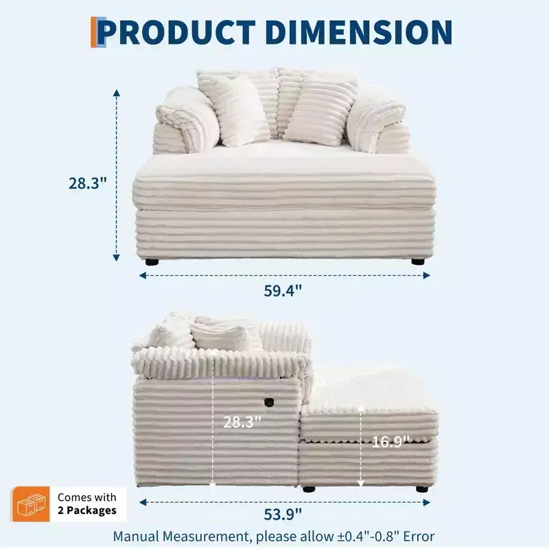 Oversized Chaise Lounge Chair Indoor, Comfy Corduroy Lounge Sofa with Wide Armrest Pads & Throw Pillows, Cozy Sleeper Couch for Living Room