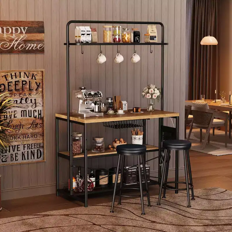 Industrial Kitchen Island with Power Outlet & 2 Bar Stools, 3-Tier Shelves Bakers Rack with 5 Hooks, Microwave Stand Coffee Bar Table for Dining Room