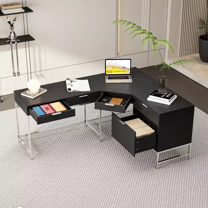 L-Shaped Office Desk, Home/Commercial Workstation, Metal Frame + 5-Drawer+ 150LBS Load Capacity, Corner Writing Desk