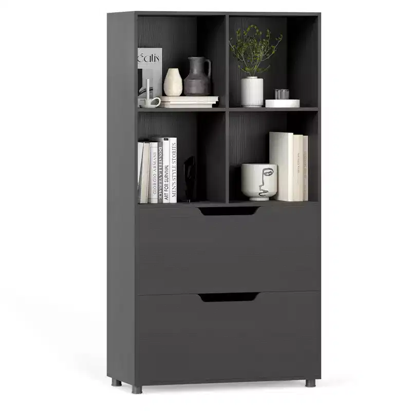 4-Cube Bookcase with 2 Drawers for Living Room, Study, Home Office - White/Black/Gray/Natural