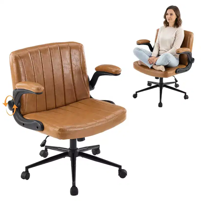 Criss Cross Chair with Adjustable Flip-Up Arms,Cross Legged Chair with Wheels, Extra Wide Office Chair,PU Leather,Clay